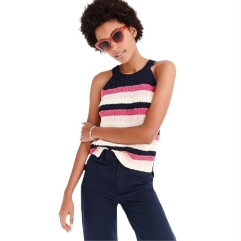Striped Halter Sweater Tank Top - Pink, White, and Navy